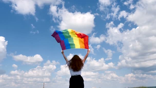 Persoană care deține steagul LGBT pe fundalul cerului — Videoclip de stoc
