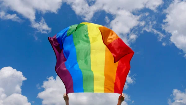 Gökyüzü arka planında LGBT bayrağı tutan kişi