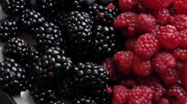 Canlı ve detaylı bir yakın çekim. Taze ahududu, yabanmersini ve böğürtlen. Makro çekim, sağlıklı ve doğal meyvelerin zengin renklerini ve dokularını vurgular..