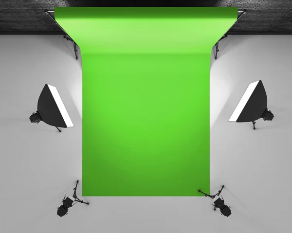 Estudio de pantalla verde con caja de luz y softbox. Perno de película — Foto de Stock