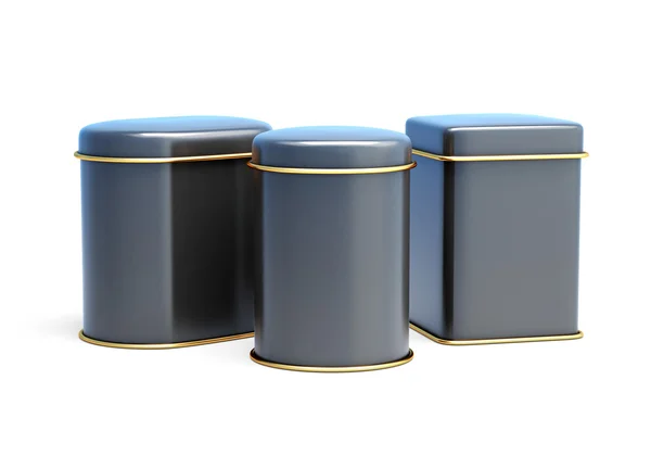 Conjunto de latas pretas isoladas sobre fundo branco. Renderização 3d — Fotografia de Stock