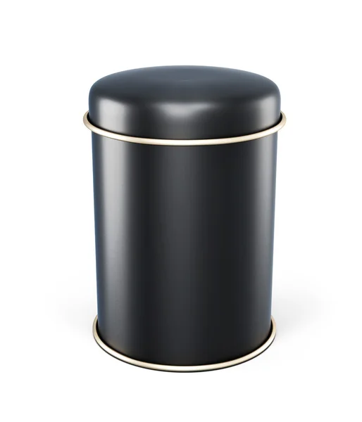黑色的金属罐茶孤立在白色背景上。模板 t — 图库照片