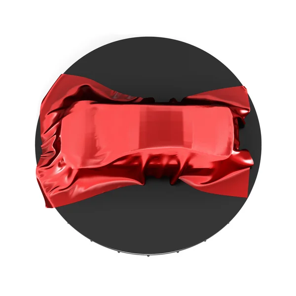 Presentation of the car covered with red satin cloth. Top view. — Stock Photo, Image
