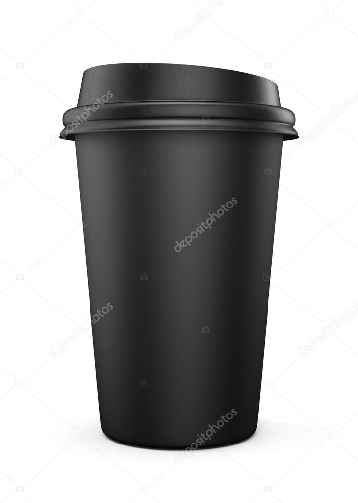 Disposable black plastic Cup with a lid. Cup for coffee. Isolate