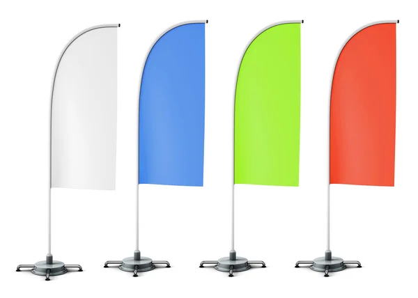 Layout of promotional stands flags of different colors. White, b — Stock Photo, Image