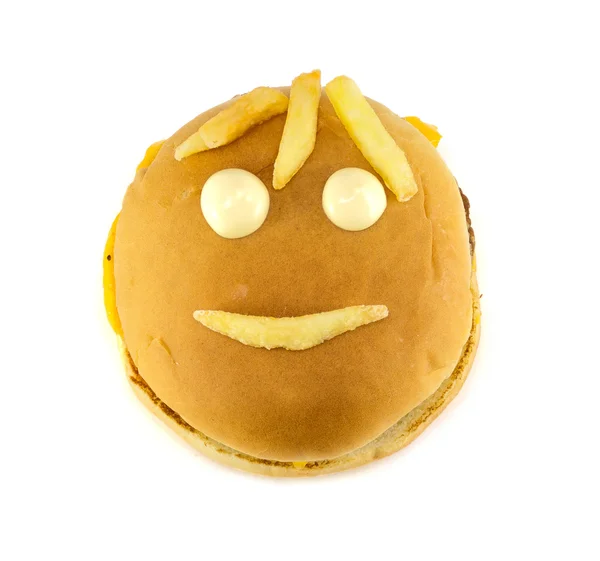 Funny mug of a cheeseburger and fries — Stock Photo, Image