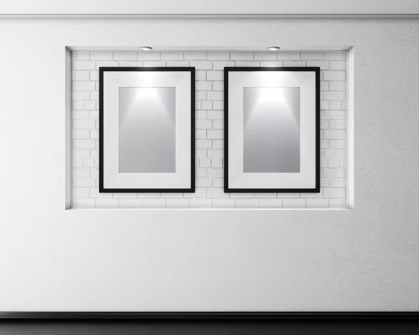 Brick alcove with two frames for pictures and illumination. 3d. — Stock Photo, Image