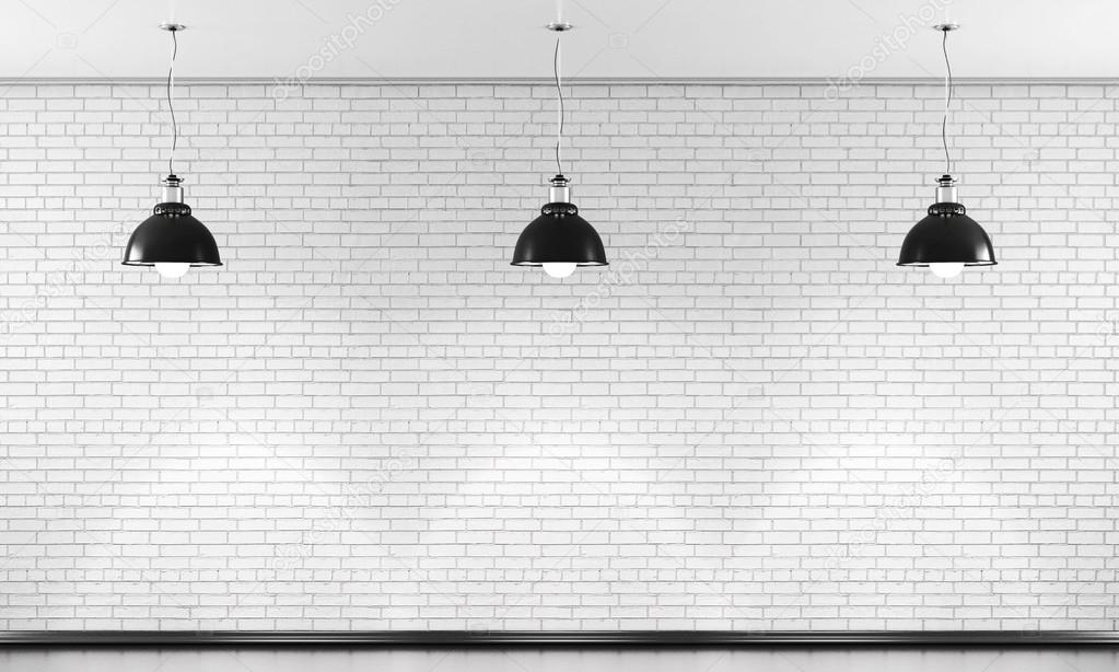 White brick wall and three black ceiling lamp. 3d.