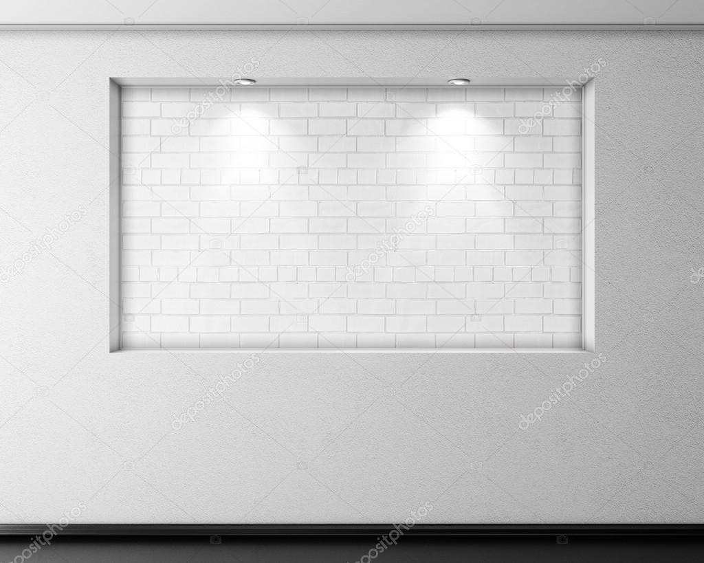 Empty brick niche with lights on plastered wall. 3d.