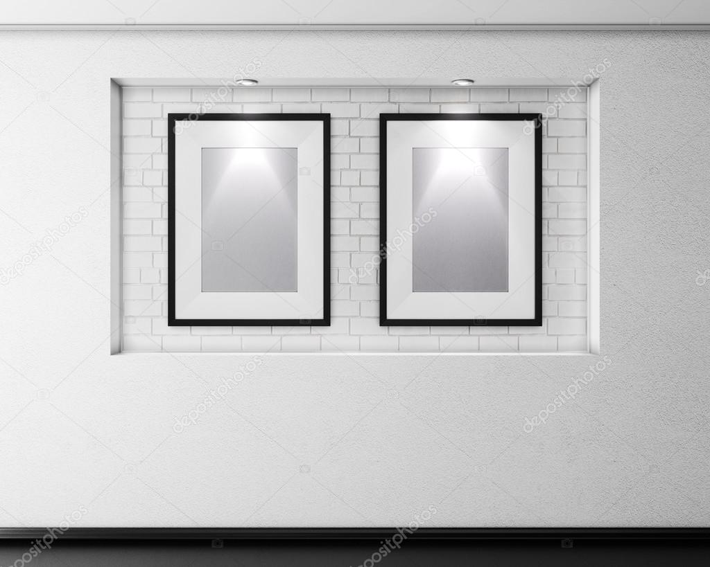 Brick alcove with two frames for pictures and illumination. 3d.