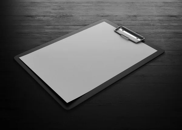 Black plastic clipboard with blank paper sheet on a black wooden — Stock Photo, Image