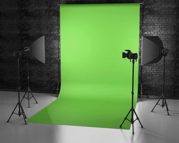 GreenScreen studio z lightbox i softbox. Studio filmowe z g — Zdjęcie stockowe