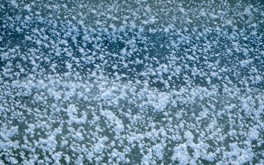 Hassas kar taneleri soluk mavi bir su yüzeyinde dinlenerek sakin bir kış dokusu oluşturur..