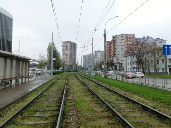 Şehir manzarası. Yağmurlu bir hava. Tramvay rayları.