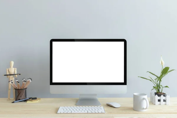 带有空白空白文字复制空间的计算机 Mockup设计的办公室台式计算机 木制桌子上有键盘和咖啡杯 工作场所概念 图库照片