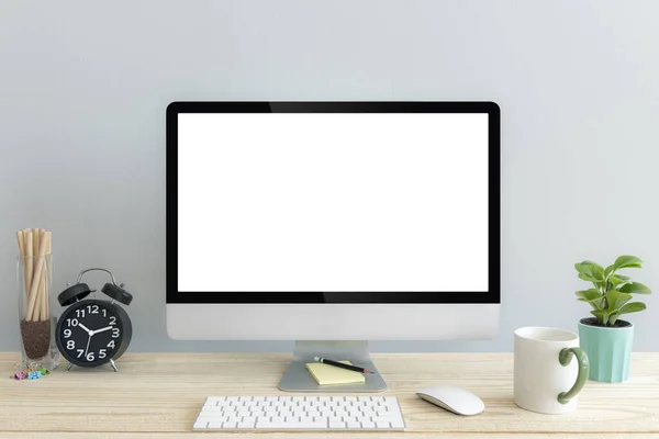 带有空白空白文字复制空间的计算机 Mockup公司设计的办公室台式计算机 配有键盘和绿色咖啡杯 可爱的黑色闹钟 免版税图库图片
