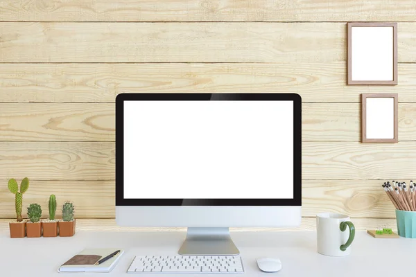 Computer Blank White Copy Space Text Wood Background Mockup Design Stock Photo