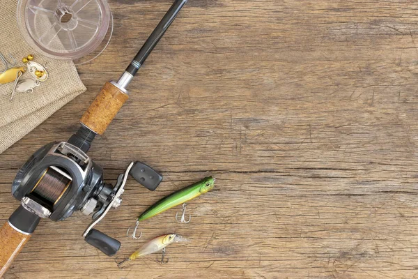 Fishing Rod Cork Handle Reel Plastic Fish Bait Lures Have — Stock Photo, Image