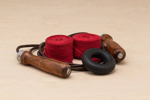 Boxing bandages, expander and leather jump rope
