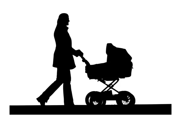 Mutter mit Kinderwagen-Silhouette auf weißem Hintergrund — Stockvektor