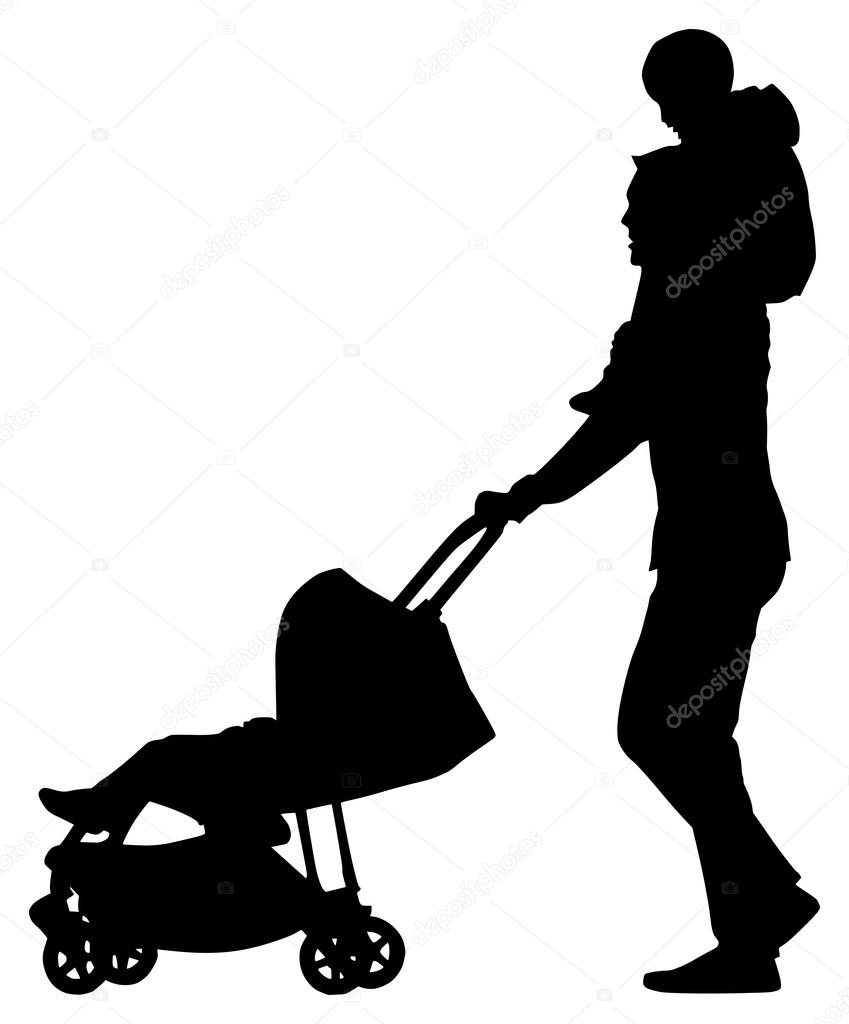 Man with a pram with baby on his neck on white background