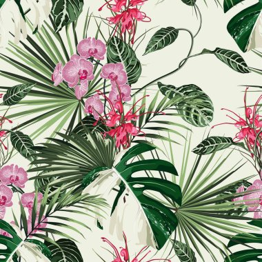 Tropik orkide, protea çiçekleri, parlak yeşil yapraklı, pürüzsüz desen. Düğün davetiyeleri, tebrik kartları ve moda tasarımı için egzotik tropikal bahçe.