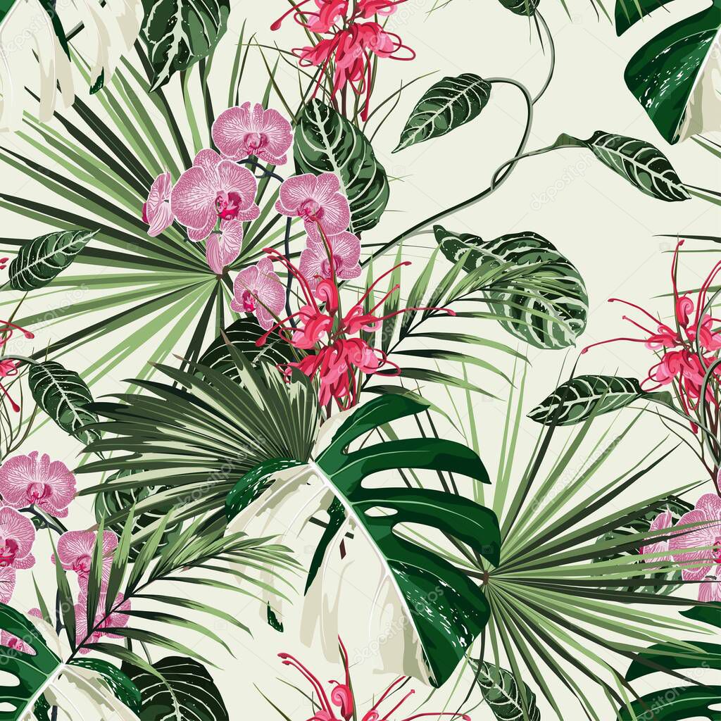 Tropical orchid, protea flowers seamless pattern with bright green leaves. Exotic tropical garden for wedding invitations, greeting card and fashion design.