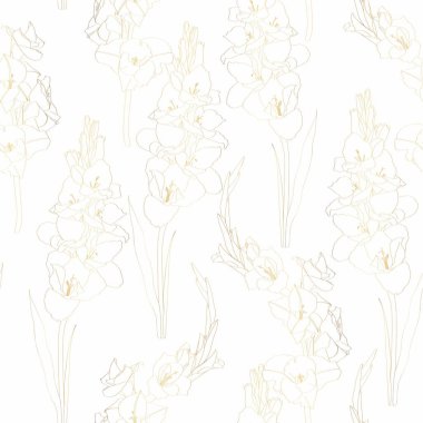 Çiçeksiz desen. Altın Gladiolus çiçekleri ve yaprakları. Tekstil bileşimi, el çizimi biçim izi. 