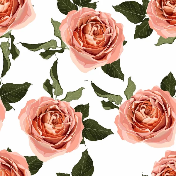 Florales Nahtloses Muster Hintergrunddesign Gartenpfirsich Cremige Orangefarbene Rose Grüne Blätter — Stockvektor