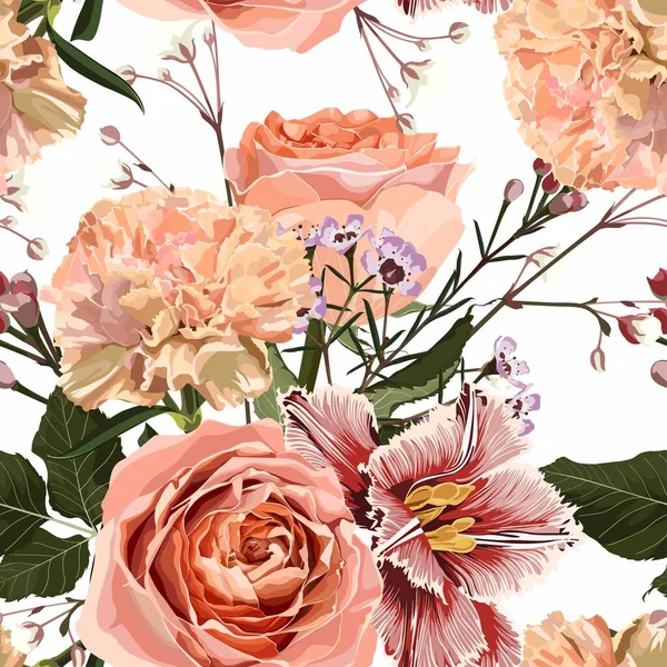 Motif Floral Sans Couture Avec Des Tulipes Des Roses Crémeuses — Image vectorielle