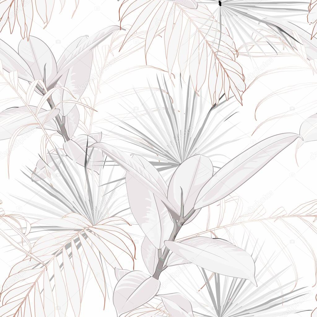 Nature seamless pattern. Hand drawn abstract tropical summer background: palms tree leaves and ficus in silhouette, line art with glossy gradient effect art illustration in pastel gold rose pink color
