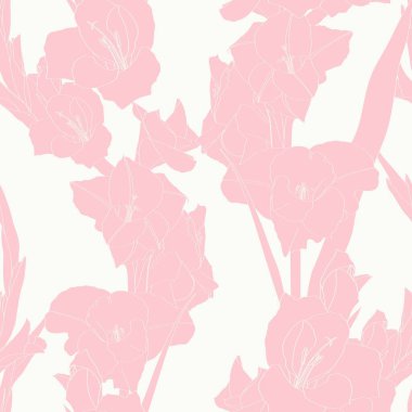 Gladiolus çiçeklerinin ana hatları. Kusursuz desen. Duvar kağıdı, arkaplan, tekstil, kapak, ambalaj kağıdı, kumaş için tasarım. Pembe renk.