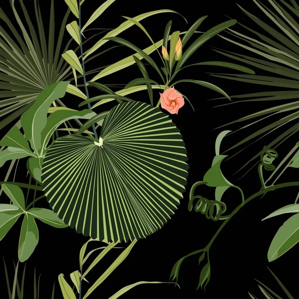 Цветки Ярко Зелеными Листьями Бесшовного Узора Экзотический Тропический Сад Черном — стоковый вектор