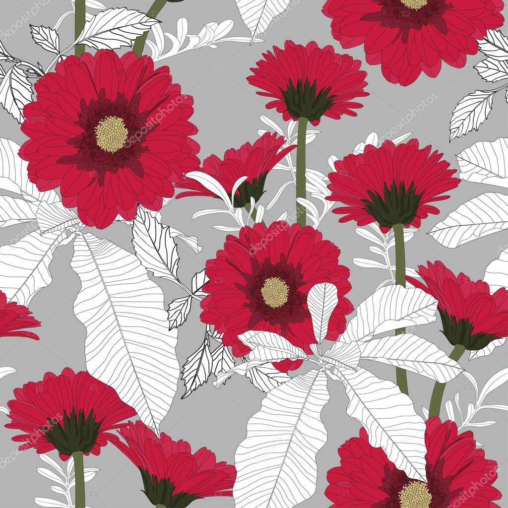 Seamless patterns with gerbera flowers and leaves in red and grey colors background.