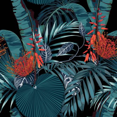 Mavi yapraklı tropik protea çiçekleri. Egzotik tropikal gece yağmur ormanları illüstrasyonu, tebrik kartı ve moda tasarımı.