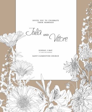 Düğün davetiyesi. Bahar ve yaz çiçekleriyle çerçevelenmiş. Botanik illüstrasyon. Eski renkler.