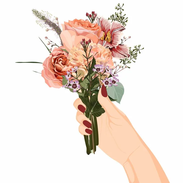 Joyeuse Fête Des Mères Affiches Avec Bouquet Fleurs Main Femme — Image vectorielle