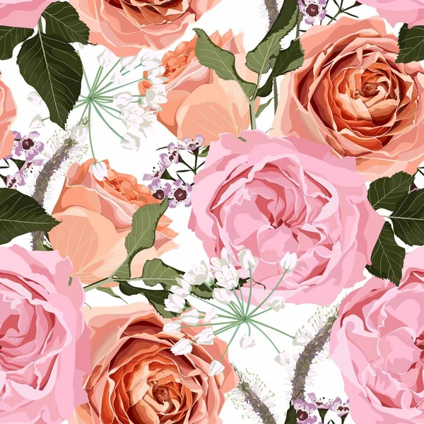 Floral Seamless Pattern Ροζ Κρεμώδη Τριαντάφυλλα Ανοιξιάτικα Λουλούδια Και Φύλλα — Διανυσματικό Αρχείο