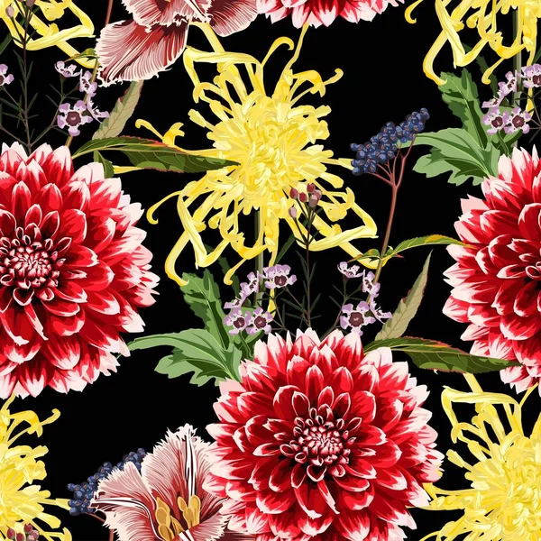 Herfst Dahlia Chrysant Bloemen Kruiden Bessen Naadloos Patroon Zwarte Achtergrond — Stockvector