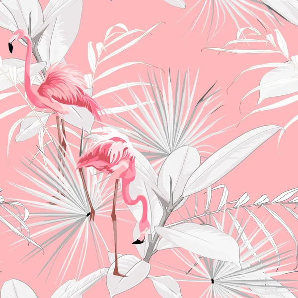 Flamingo Rosa Folhas Gráficas Palma Ficus Palmas Fundo Rosa Padrão —  Vetores de Stock