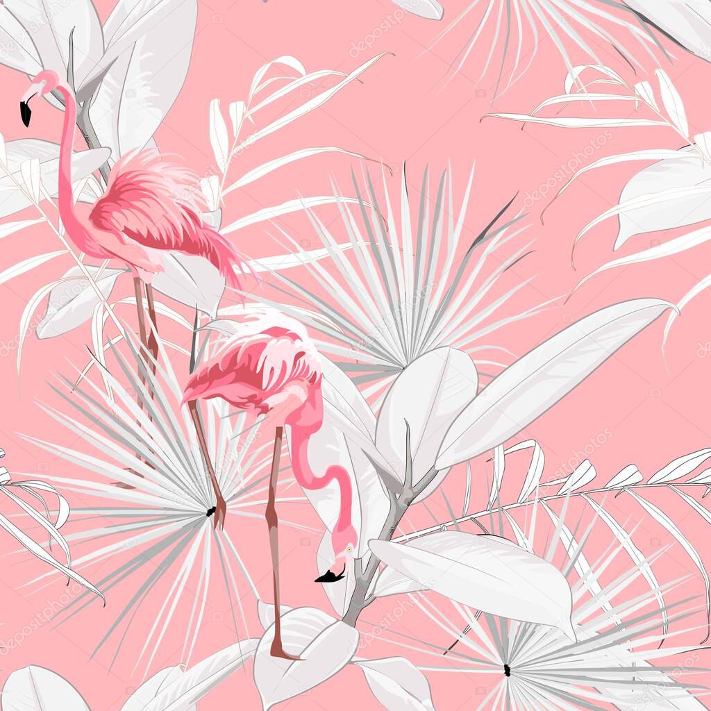 Pink flamingo, graphic palm leaves, ficus and palms, pink background. Floral seamless pattern. Tropical illustration. Exotic plants, birds. Summer beach design. Paradise nature.