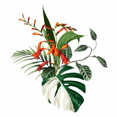 Tropik palmiye dalları, egzotik yapraklar ve beyaz arka planda turuncu egzotik çiçek kompozisyonu. Paket, kumaş, davetiye ve şablon tasarımı için moda yaz baskısı.