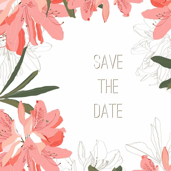 Весільне Запрошення Помаранчевими Квітами Роду Oleander Rhododendron Ботанічна Ілюстрація Яскраві — стоковий вектор