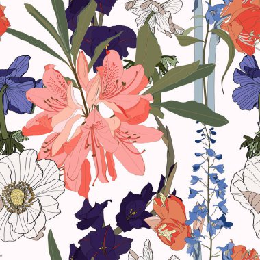 Beyaz arkaplanda Rhododendron Oleander, Delphinium, gladiolus ve anemones çiçekleri ve yaprakları ile kusursuz desenler. 
