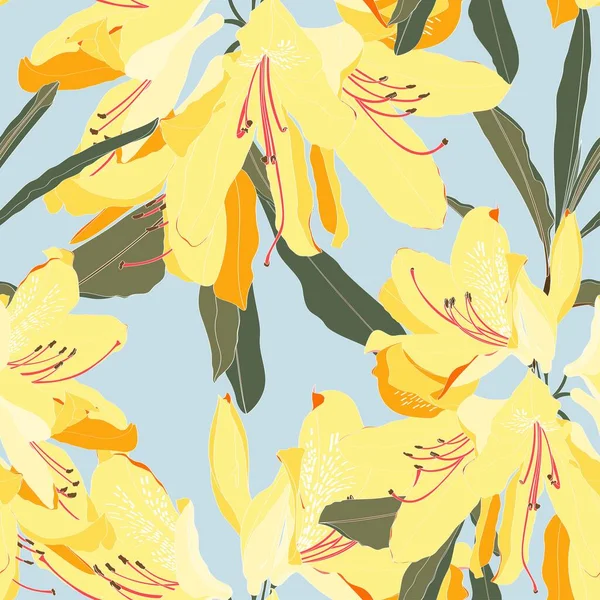 Безшовні Візерунки Квіткою Олеандер Квіткова Композиція Жовті Квіти Рододендрона Синьому — стоковий вектор