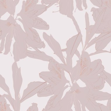 Altın pürüzsüz desen tasarımı, Rhododendron Oleander Azalea yaprakları ve pembe arka planda elle çizilmiş karalama grafikleri..