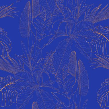 Mavi turuncu eli tropik yapraklar ve çiçeklerle çizilmiş zarif, pürüzsüz bir desen. Çiçek deseni. Klasik mavi turuncu çizgi arkaplanı.