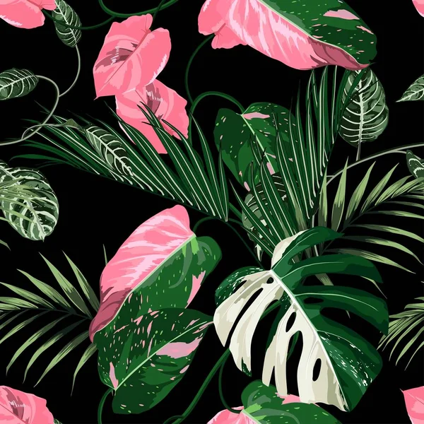 Tropické Letní Malba Bezešvé Vzor Exotickou Růžové Zelené Liánové Větve — Stockový vektor