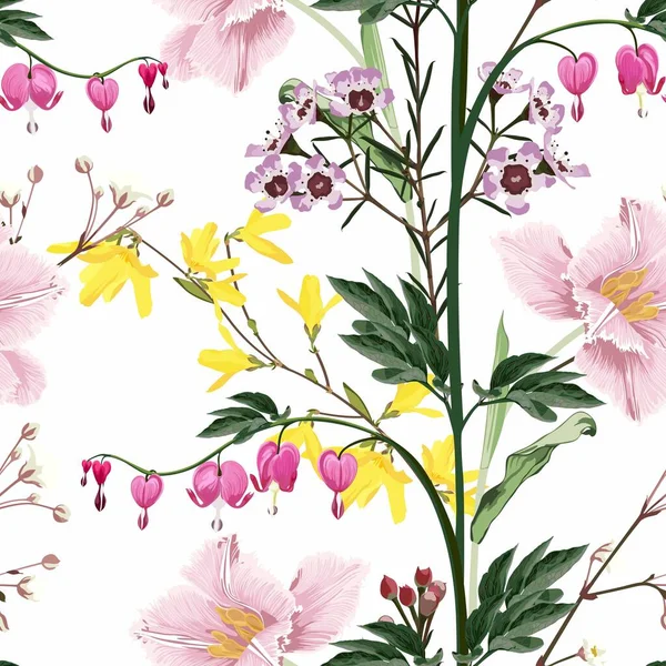 无缝背景的花朵装饰着许多种类的花园花朵 时尚的现代墙纸或纺织品 白色背景下的说明 出血的心脏 Dicentra Spectabilis — 图库矢量图片