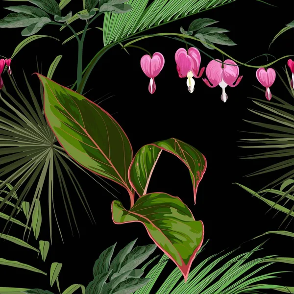 Απρόσκοπτη Φόντο Από Ένα Στολίδι Λουλούδια Και Εξωτικά Τροπικά Φύλλα — Διανυσματικό Αρχείο